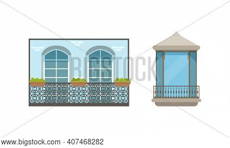Balcony Windows Colllection, Retro House Facade Design Elements Vector Illustration