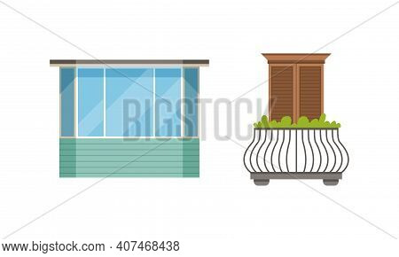 Balcony Windows Colllection, Modern And Retro House Facade Design Elements Vector Illustration