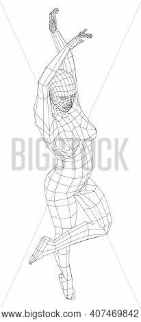 Wireframe Ballerina Or Dancer In Dance Pose. Vector 3d Rendering
