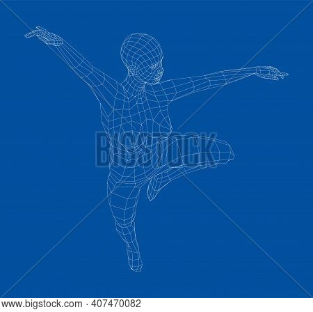 Wireframe Ballerina Or Dancer In Dance Pose. Vector 3d Rendering