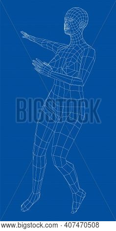 Wireframe Ballerina Or Dancer In Dance Pose. Female Dancing Salsa. Vector 3d Rendering