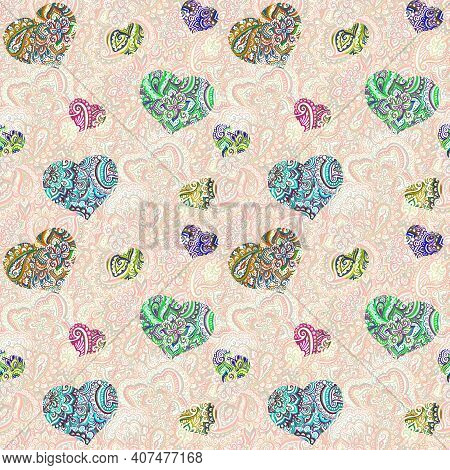 Seamless Pink Wallpaper With Decorative Lace Hearts On Ornamental Background, Oriental Ornament
