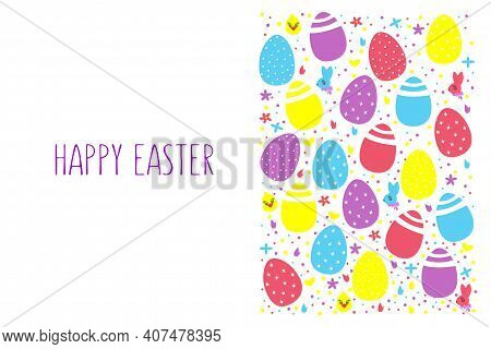 Happy Easter Text As Celebration Badge, Tag, Icon. 
Banner On The Background Of Easter Eggs.
Text Ca