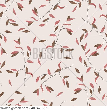 Floral Seamless With Hand Drawn Color Leaves. Cute Autumn Background. Tropic Brown Branches. Modern 