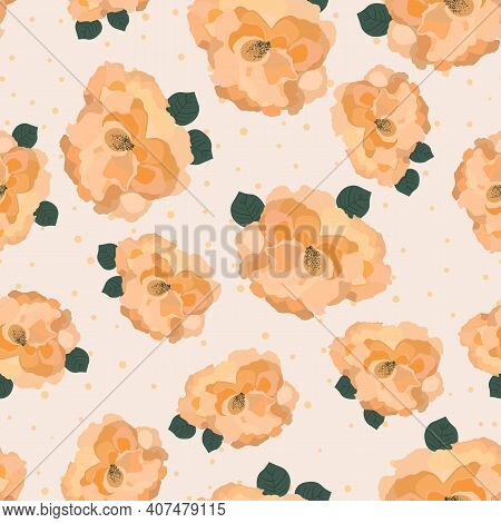 Floral Seamless With Hand Drawn Color Roses. Cute Summer Background With Flowers And Leaves.modern F