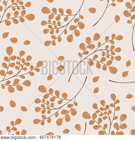 Floral Seamless With Hand Drawn Color Leaves. Cute Autumn Background. Tropic Brown Branches. Modern 
