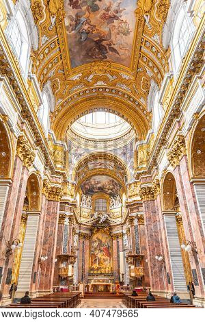 Rome, Italy - May 05, 2019: Interior Of Church Of Saints Ambrose And Charles Borromeo, Italian: Sant