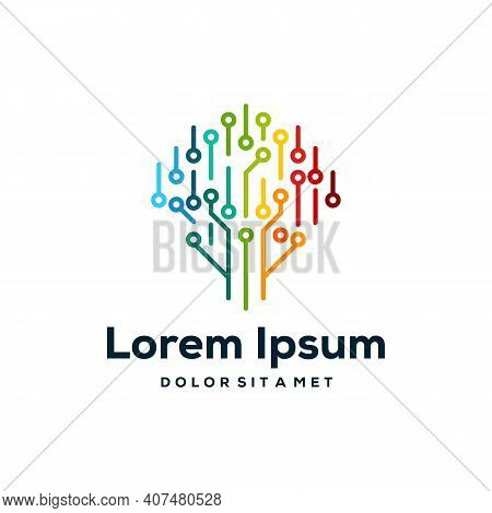 Digital Tree Logo Designs Concept, Colorful Technology Tree Logo Template Vector
