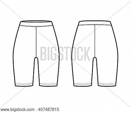 Bike Shorts Technical Fashion Illustration With Normal Waist, Rise, Thigh Length. Flat Sport Trainin