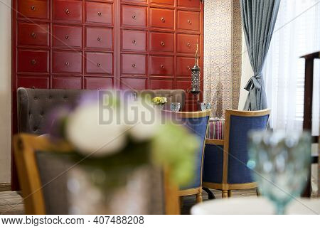 Nur-sultan, Kazakhstan: January 11, 2021 - Interior Of The Cafe In Oriental Style With Blurred Foreg
