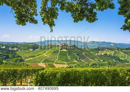Langhe Vineyards, Castiglione Falletto Village And Tree Branches As A Frame. Unesco Site, Piedmont, 