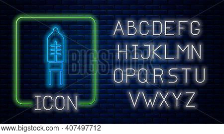 Glowing Neon Light Emitting Diode Icon Isolated On Brick Wall Background. Semiconductor Diode Electr