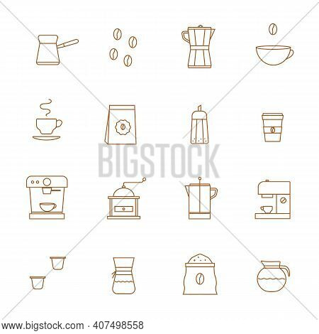 Coffee Related Vector Line Icons Vector Set. Coffee Shop Barista Equipment. Grinder, Pour Over Brewe