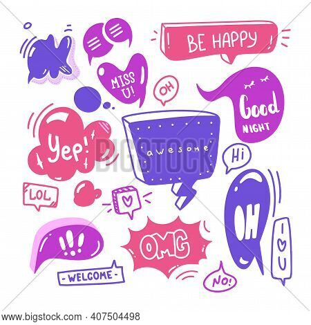 Doodle Set Of Speech Bubbles With Dialog Text Hi, Love, Yep, Welcome, Ok. Comic Hand Drawn Sketch St