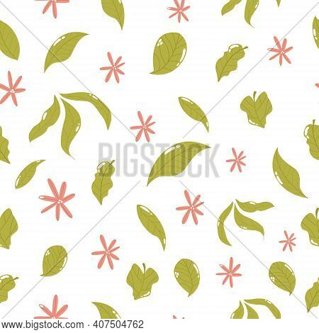 Seamless Pattern With Green Leavrs And Flowers,
