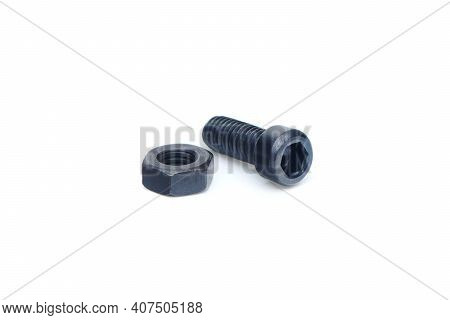 Black Hex Screw With Hex Cap Head And Nut Close Up Isolated On White Background