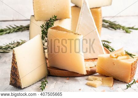 Various Types Of Assorted Manchego Cheese Composition, Traditional Spanish Cheese.