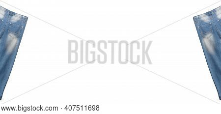 Waist, Back Pocket, Leg Areas Of Two Pairs Of Light Blue Jeans Slightly Tilted On White Background. 