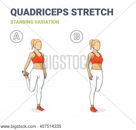 Standing Quadriceps Stretch Women Home Workout Exercise Guidance. Young Athletic Girl In Sportswear.
