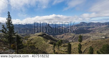 Panoramic View On Mountains, Caldera And Barranco De Tejeda And Roque Bentayga Rock From Cruz De Tej