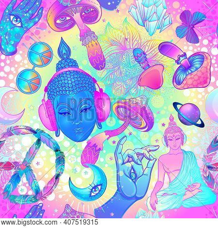 Psychedelic Vector Seamless Pattern: Trippy Mushrooms, Peace Sign, Acid Buddha, Butterflies, All-see