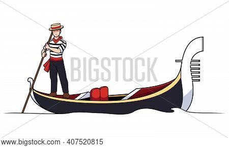 Cartoon Illustration With Gondolier Paddling Gondola Along Venetian Channel.