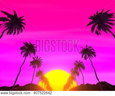 Retrowave Tropical Landscape. Palms, Mountains And Sun.
