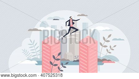 Overcoming Obstacles And Jump Over Business Buildings Tiny Person Concept