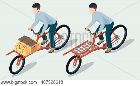 Isometric Bicycle Messenger Making A Delivery On A Cargo Bike; Set Of Bicycle Messenger Ride A Cargo