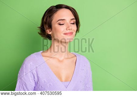 Portrait Of Adorable Young Girl Closed Eyes Smile Enjoying Smell Wear Purple Clothing Isolated On Gr