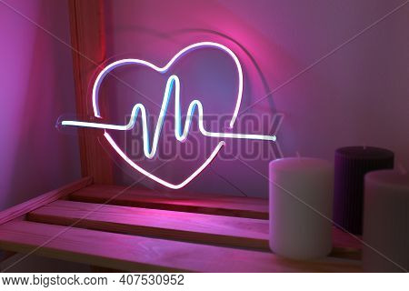 Neon Sign Pink And Blue Heart In The Decor Of The Home. Trendy Style. Neon Sign. Custom Neon. Home D