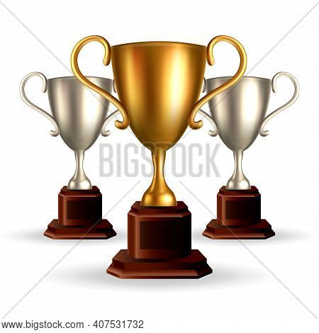 Gold And Silver Trophy Cup. Realistic 3d Vector Illustration