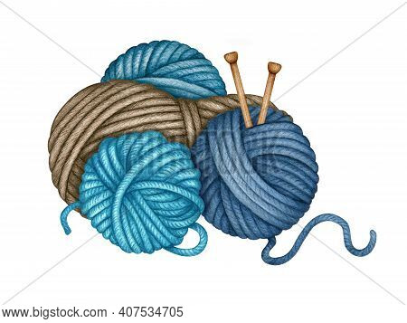 Watercolor Knitting Tools Set. Skein, Wool Yarn Ball Group With Wooden Needles. Needlework, Knitting