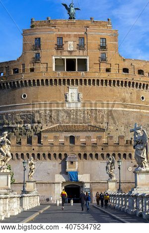 Rome, Italy - October 9, 2020: 2nd Century Castle Of Saint Angel, Mausoleum Of Roman Emperor Hadrian
