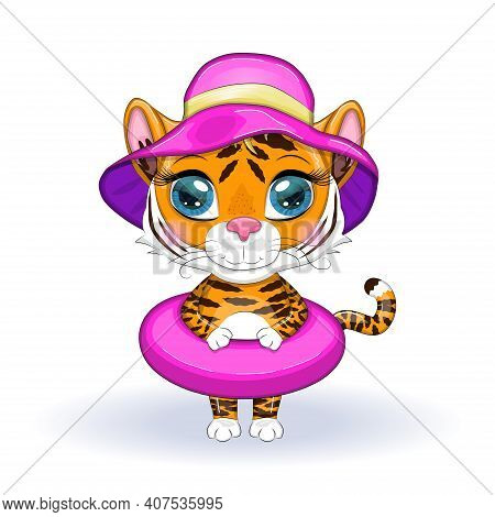 Cute Cartoon Tiger With Beautiful Eyes, Orange With A Circle For Swimming And Wearing A Hat. The Con