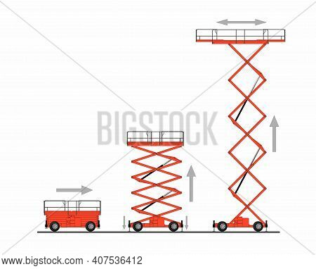 Set Of Scissors Lifting Platform Isolated On White Background. Hydraulic Lift. Vector Illustration.
