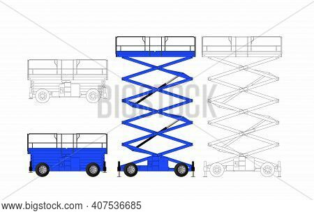 Set Of Scissors Lifting Platform Isolated On White Background. Hydraulic Lift.