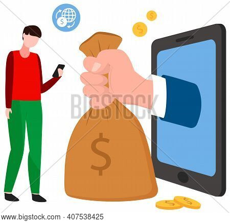 Online Loan Flat Vector Concept. Big Hand Is Appeared From The Monitor And Giving A Money Bag To The