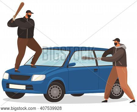Two Young Vandals Destroy The Car. Bandits Characters In Masks Hit Automobile With Baseball Bats. Ba