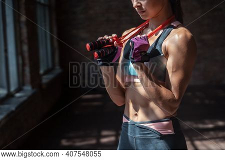 Closeup Sporty Young Fit Woman Fitness Bra Pants Gloves Sportswear Hold Skipping Jumping Rope Around