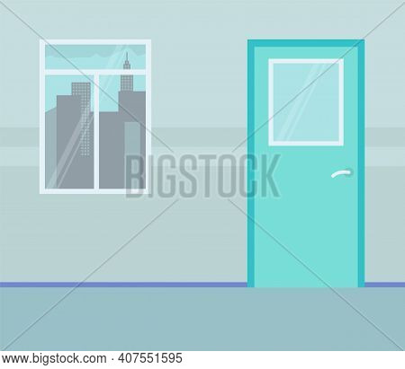 Wall With Window And Urban City Outside. Turquoise Door. Design Of Empty Cabinet Or Office. Day, Win