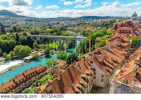 Aerial View On Old Town With Medieval Architecture And Historical Buildings In Bern, Switzerland Fro