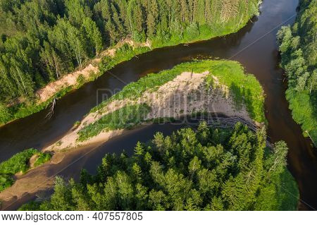 Top Drone Landscape Of Summer Forest And The River. Green Trees. Beautiful Latvian Nature.