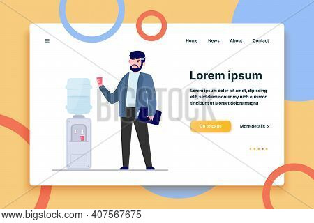 Man Drinking Water At Cooler. Office Employee, Worker, Work Break Flat Vector Illustration. Beverage