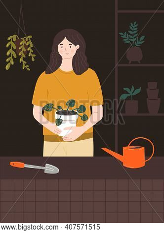 Woman Holding Big Pot With Pilea Plant. Home Gardener In Room With Plants Stand, Tools, Watering Can