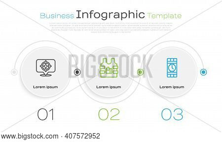Set Line Target Sport, Bulletproof Vest And Dynamite And Timer Clock. Business Infographic Template.