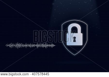 Virtual Padlock Hologram With Soud Wave On Dark Blue Background. Protecting Data Personal Informatio