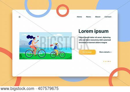 Mom And Son Riding Bikes Along Seacoast. Woman Checking Route On Mobile App Flat Vector Illustration