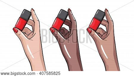 Women Hand Holding Nail Polish Bottle, Manicre Artist Illustration. Beauty Salon Clipart Vector , Na
