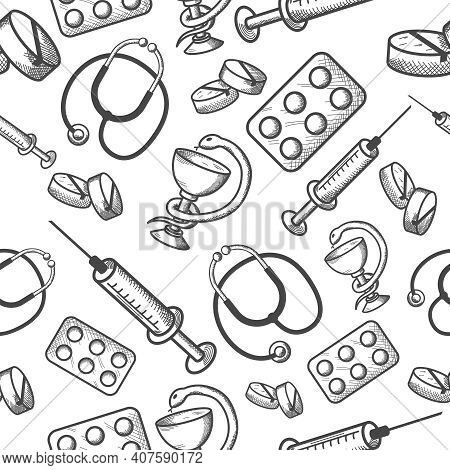 Seamless Background Of Medical Items Of Phonendoscope Pills And Syringe Isolated Vector Illustration